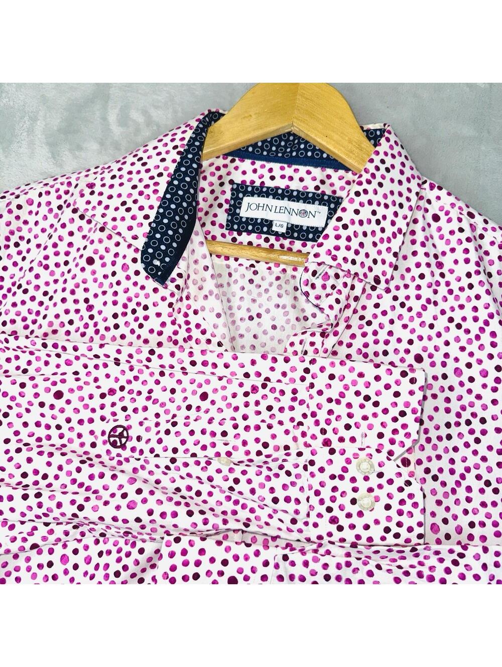John Lennon Pink Polka Dot Button Up Shirt Men Large psychedelic Bold Print Prep